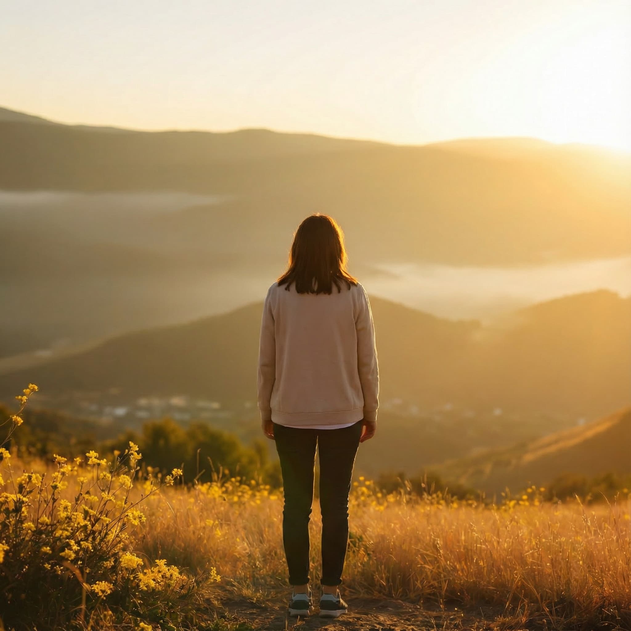 Person looking at sunset over mountains